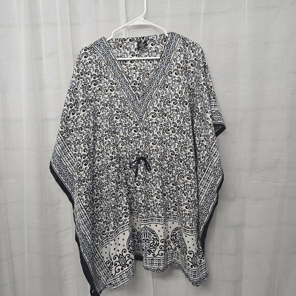 Piel Blue Black Peasant Blouse Swim Cover Boho Beach Festival OSFA - Picture 7 of 10